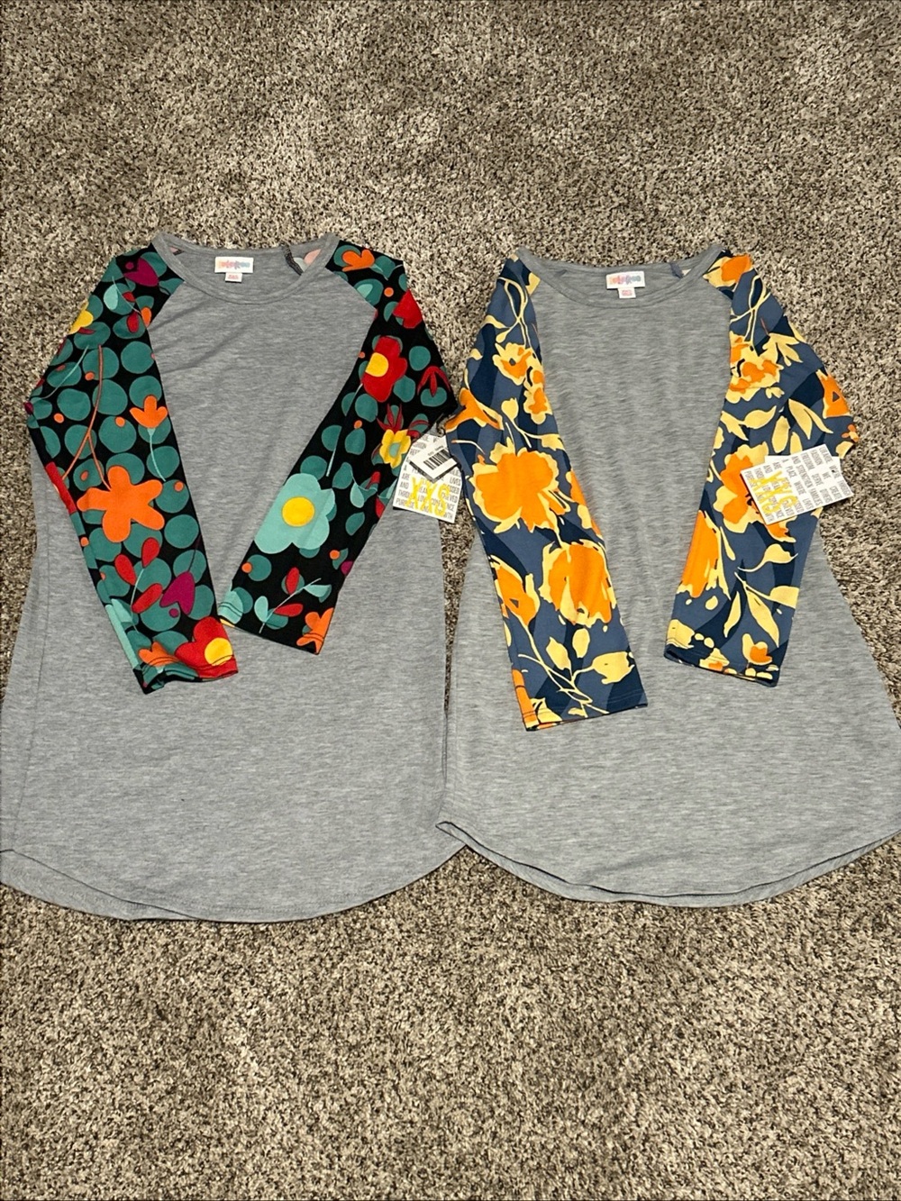 LuLaRoe Randy T - NWT XXS! Grey Body, Floral 3/4 Sleeves! Lot Of 2